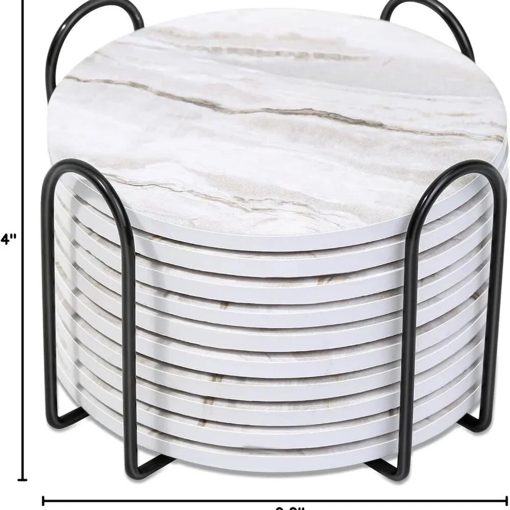 Coasters Set of 10, Absorbent Drink Coasters with Holder, Marble Style Ceramic C